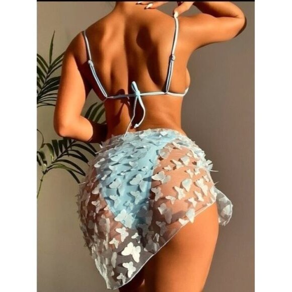 3Pack Plain Scallop Trim Ring Linked Bikini Swimsuit & BeachSkirt - Picture 2 of 9